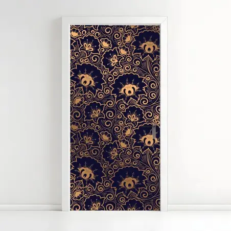 Sticker pour porte motif floral baroque doré sur fond bleu marine – Wallnifity®