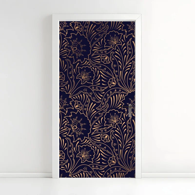 Sticker pour porte motif floral art déco doré sur fond bleu nuit