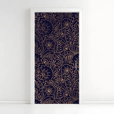 Sticker pour porte motif floral art déco doré sur fond bleu nuit – Wallnifity®