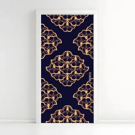 Sticker pour porte motif floral doré sur fond bleu marine – Wallnifity®