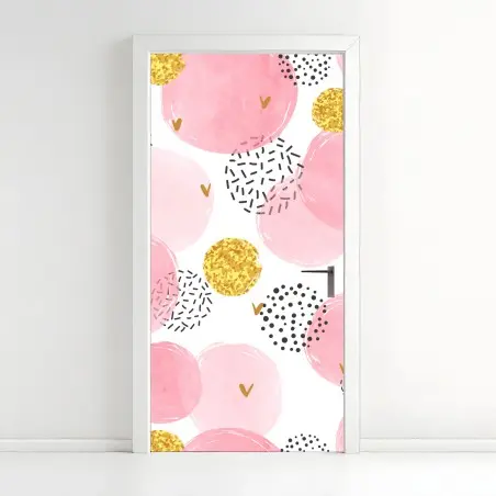 Sticker pour porte motif bulles aquarelle rose avec accents dorés – Wallnifity®
