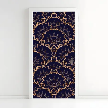 Sticker pour porte motif floral art déco doré sur fond bleu marine – Wallnifity®