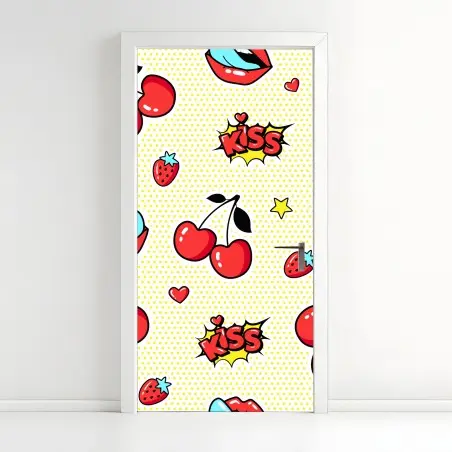 Sticker pour porte motif pop art cerises et lèvres rétro – Wallnifity®