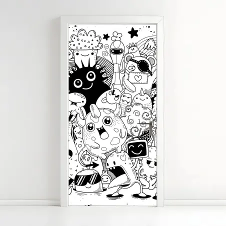 Sticker pour porte rassemblement de monstres doodle en noir et blanc – Wallnifity®
