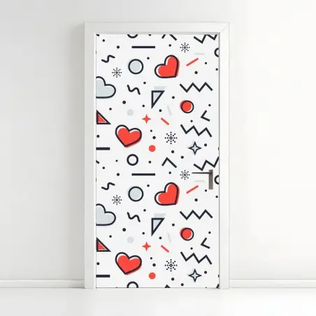 Sticker pour porte motif géométrique aux cœurs rouge et gris – Wallnifity®