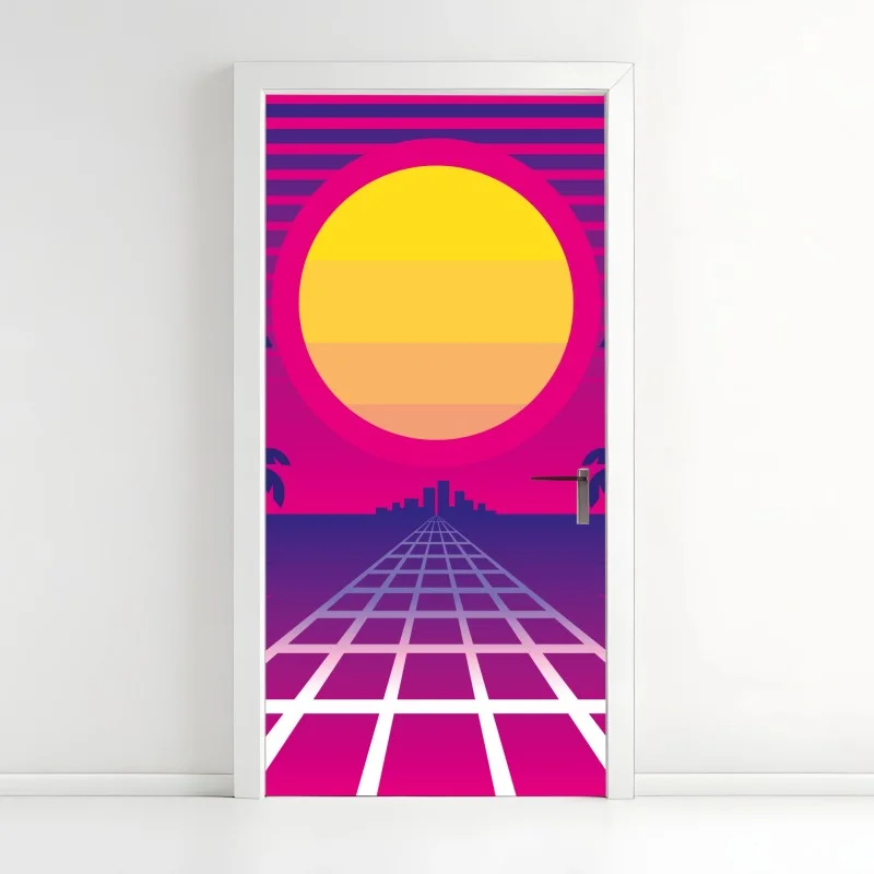 Sticker pour porte horizon synthwave au soleil néon – Wallnifity®