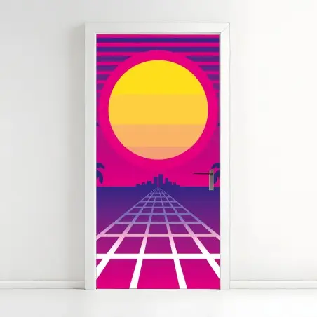Sticker pour porte horizon synthwave au soleil néon – Wallnifity®