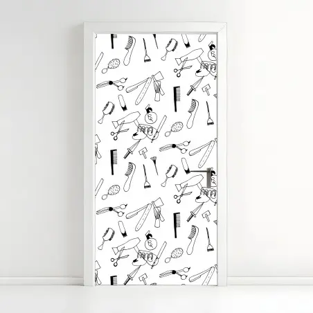 Sticker pour porte motif d'outils de coiffure en noir et blanc – Wallnifity®