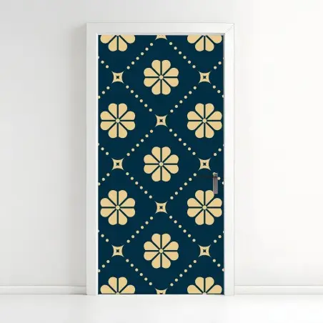 Sticker pour porte motif floral géométrique bleu marine et beige – Wallnifity®