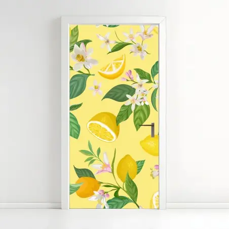 Sticker pour porte motif citron et fleurs sur fond jaune – Wallnifity®