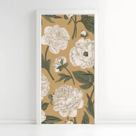 Sticker pour porte motif de pivoines vintage sur fond beige – Wallnifity®