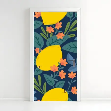 Sticker pour porte motif citrons et feuillages sur fond bleu nuit – Wallnifity®