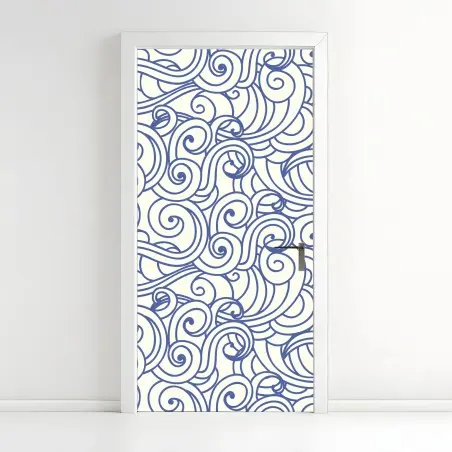 Sticker pour porte motif ondes décoratives bleu et ivoire – Wallnifity®