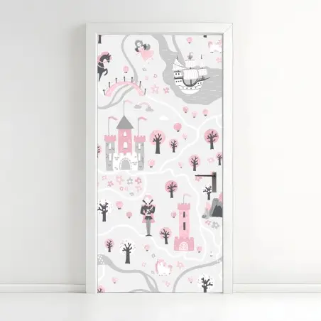 Sticker pour porte carte féerique rose aux châteaux et créatures – Wallnifity®