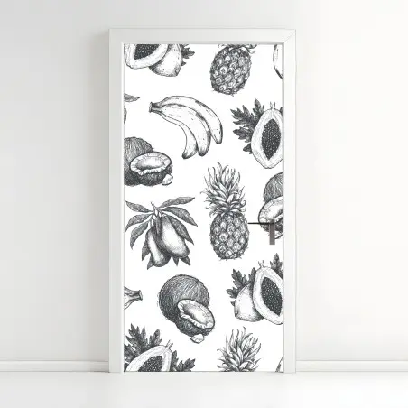 Sticker pour porte motif fruits tropicaux croquis en noir et blanc – Wallnifity®