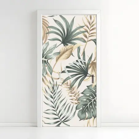 Sticker pour porte motif feuillage tropical aux tons naturels – Wallnifity®