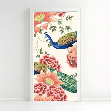 Sticker pour porte paons et fleurs exotiques sur fond ivoire – Wallnifity®