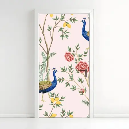 Sticker pour porte paons et fleurs, motif botanique chic sur fond rose – Wallnifity®