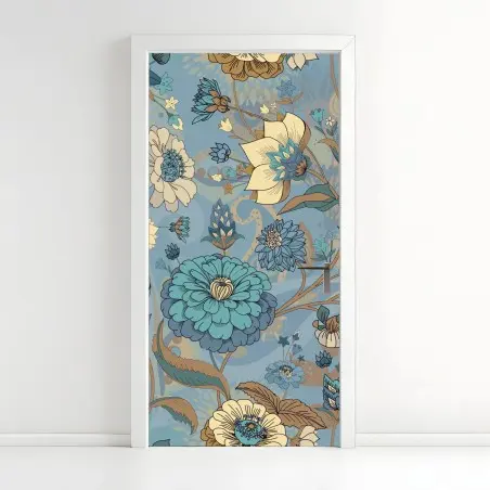 Sticker pour porte motif floral bohème aux tons bleus et turquoise – Wallnifity®