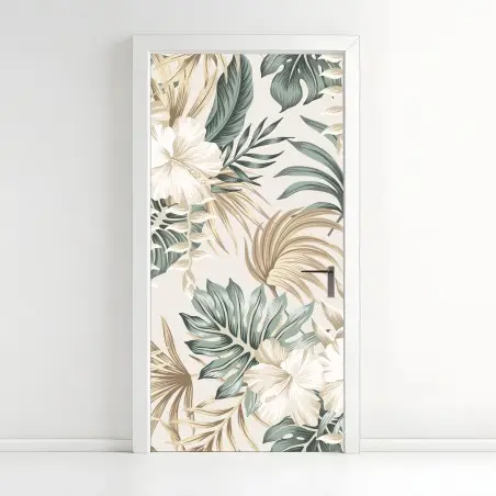 Sticker pour porte motif botanique tropical tons sable et vert sauge – Wallnifity®