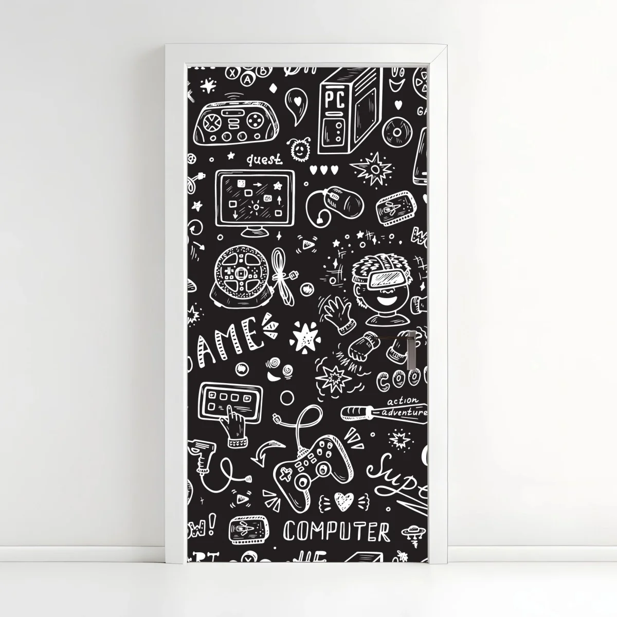 Sticker pour porte motif doodle jeux vidéo en noir et blanc – Wallnifity® Sticker pour porte motif doodle jeux vidéo en noir et blanc – Wallnifity®