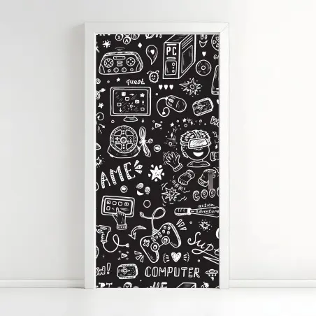 Sticker pour porte motif doodle jeux vidéo en noir et blanc – Wallnifity®