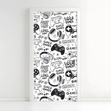 Sticker pour porte motif doodle jeux vidéo noir et blanc – Wallnifity®