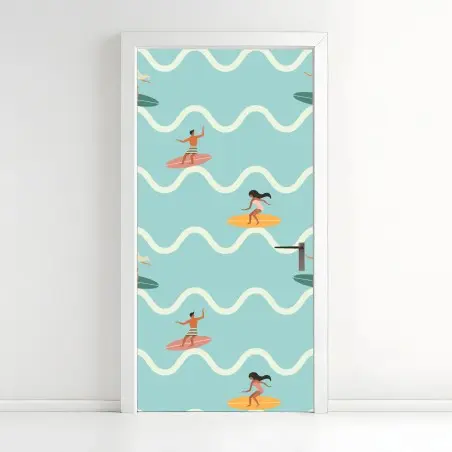 Sticker pour porte motif surf rétro sur fond turquoise – Wallnifity®