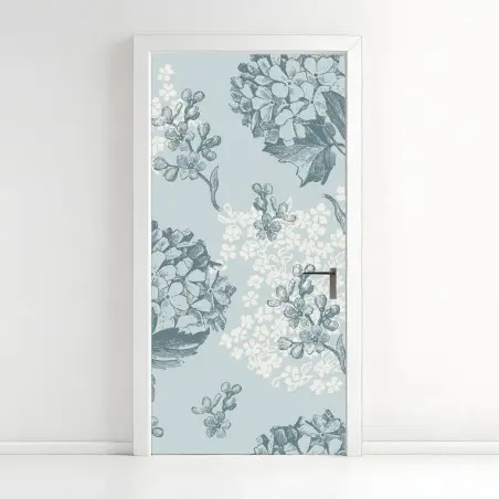 Sticker pour porte motif floral d'hortensias sur fond bleu – Wallnifity®