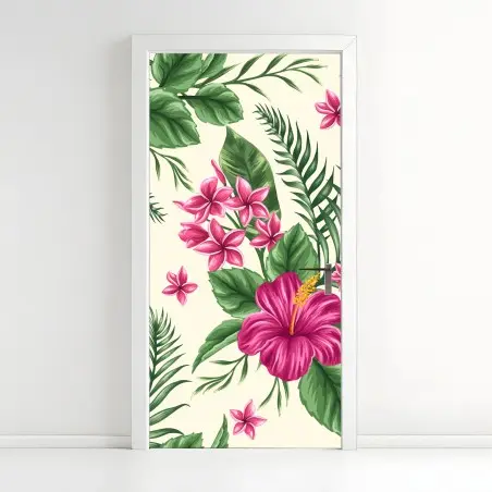 Sticker pour porte motif floral tropical rose et feuillage luxuriant – Wallnifity®