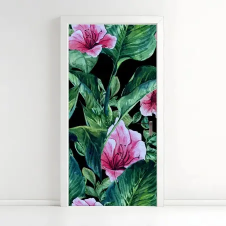 Sticker pour porte motif floral tropical sur fond noir – Wallnifity®
