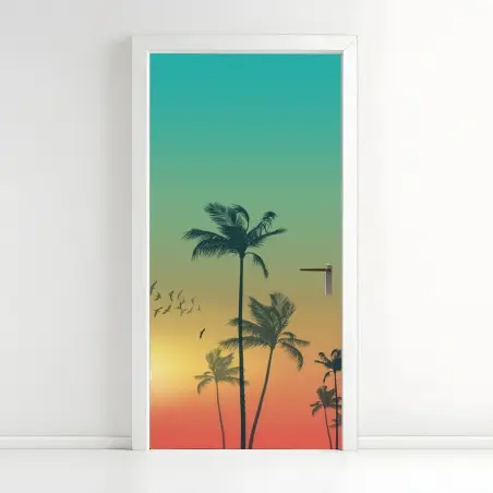 Sticker pour porte coucher de soleil tropical aux palmiers – Wallnifity®