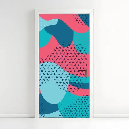 Sticker pour porte motif abstrait turquoise et rose aux formes organiques – Wallnifity®