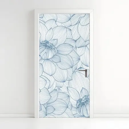 Sticker pour porte motif floral linéaire bleu élégant – Wallnifity®