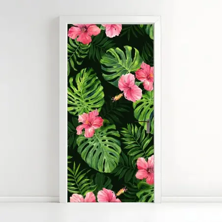 Sticker pour porte motif tropical feuilles de monstera et hibiscus roses – Wallnifity®