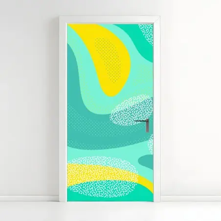 Sticker pour porte vagues abstraites menthe et jaune aux motifs graphiques – Wallnifity®