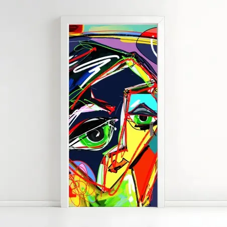 Sticker pour porte portrait abstrait aux couleurs vives et lignes dynamiques – Wallnifity®