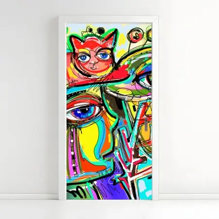 Sticker pour porte rencontre colorée: visage, oiseau et chat rouge – Wallnifity®