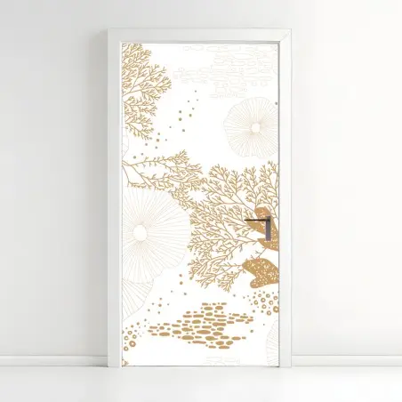 Sticker pour porte motif corail et anémones dorées sur fond blanc – Wallnifity®