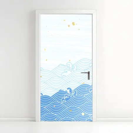 Sticker pour porte marée de vagues bleues et éclats dorés – Wallnifity®