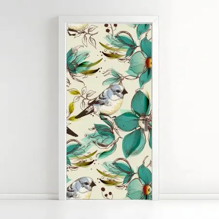 Sticker pour porte fleurs et oiseaux rétro en turquoise – Wallnifity®