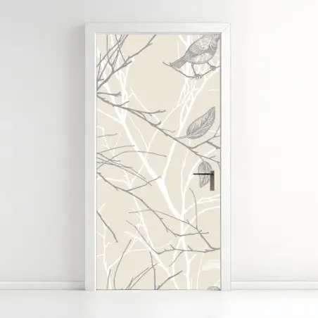 Sticker pour porte motif oiseaux et branches minimaliste en beige – Wallnifity®
