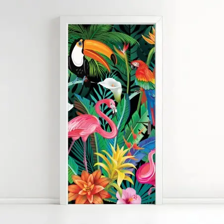 Sticker pour porte jungle tropicale aux oiseaux colorés – Wallnifity®