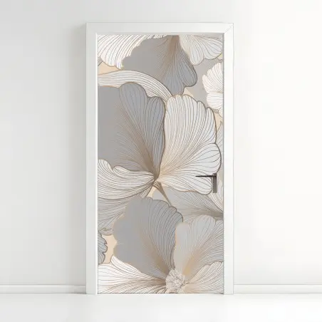 Sticker pour porte motif floral élégant aux tons neutres et dorés – Wallnifity®