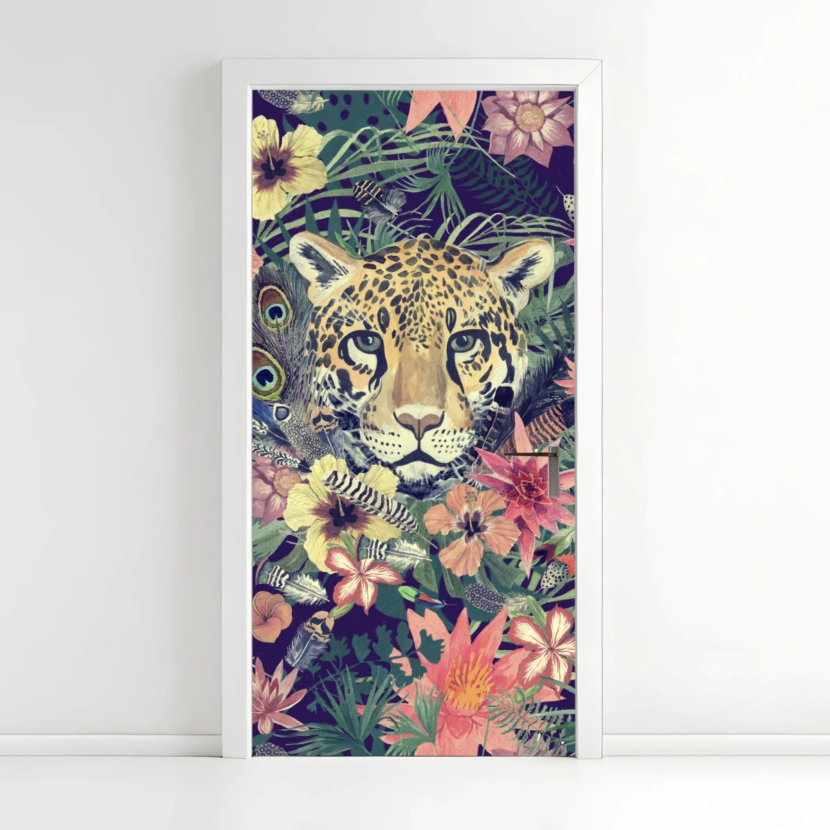 Sticker pour porte tête de léopard aquarelle dans une jungle florale – Wallnifity® Sticker pour porte tête de léopard aquarelle dans une jungle florale – Wallnifity®