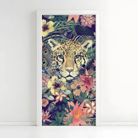 Sticker pour porte tête de léopard aquarelle dans une jungle florale – Wallnifity®
