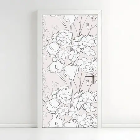 Sticker pour porte motif floral délicat sur fond rose pâle – Wallnifity®