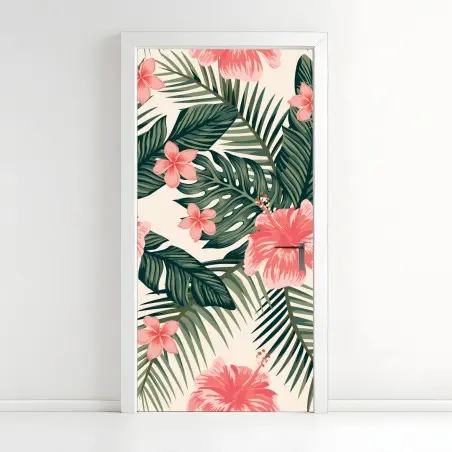 Sticker pour porte motif tropical hibiscus corail et feuillage vert – Wallnifity®