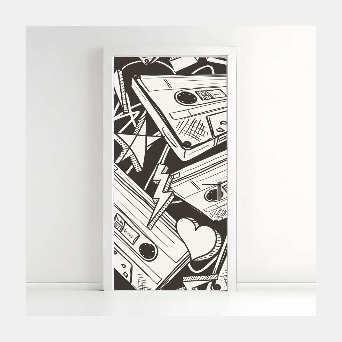 Sticker pour porte ambiance rétro cassettes et croquis noir et blanc – Wallnifity®
