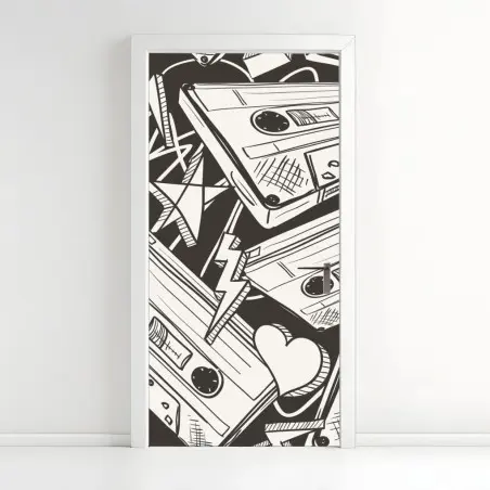 Sticker pour porte ambiance rétro cassettes et croquis noir et blanc – Wallnifity®